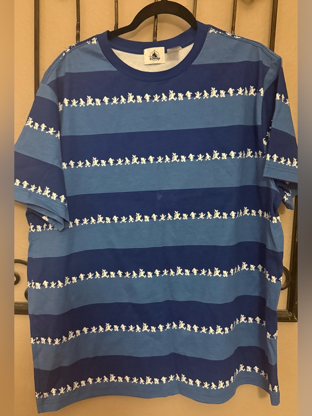 Disney Men's Blue Striped Short-Sleeve Tee with Patterned Accent T-shirt XL